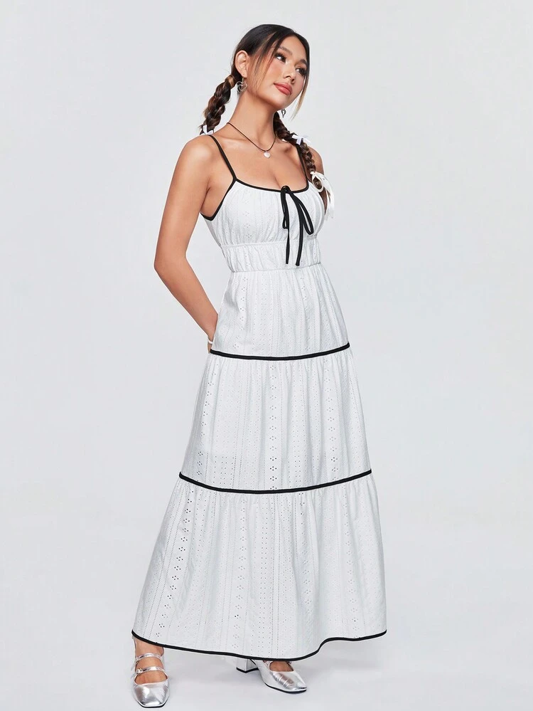 Ladies' Color-Block Border, Multi-Layer Splice, Broken Pleat, Raised Flower, Cami Dress