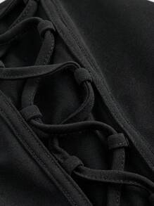 SHEIN MOD 女士黑色针织与网眼撞色露背肩带上衣 - 黑色 - 查看 4