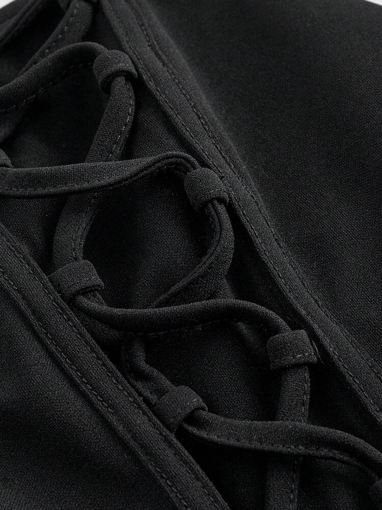 Black Knitted & Mesh Contrast Backless Top With Strap For Women