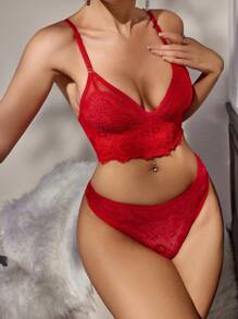 Bộ áo ngực ren & đồ lót ngắn gọn cho nữ Bộ đồ lót phong cách ngày lễ tình nhân - Đỏ - Xem 3