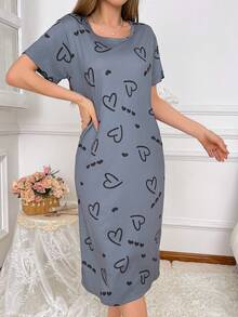 心形印花宽松 T 恤睡裙 - 霧霾藍 - 查看 4