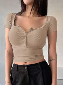 DAZY 女士有肋針織t恤,前半扣設計 - 卡其色 - 查看 5