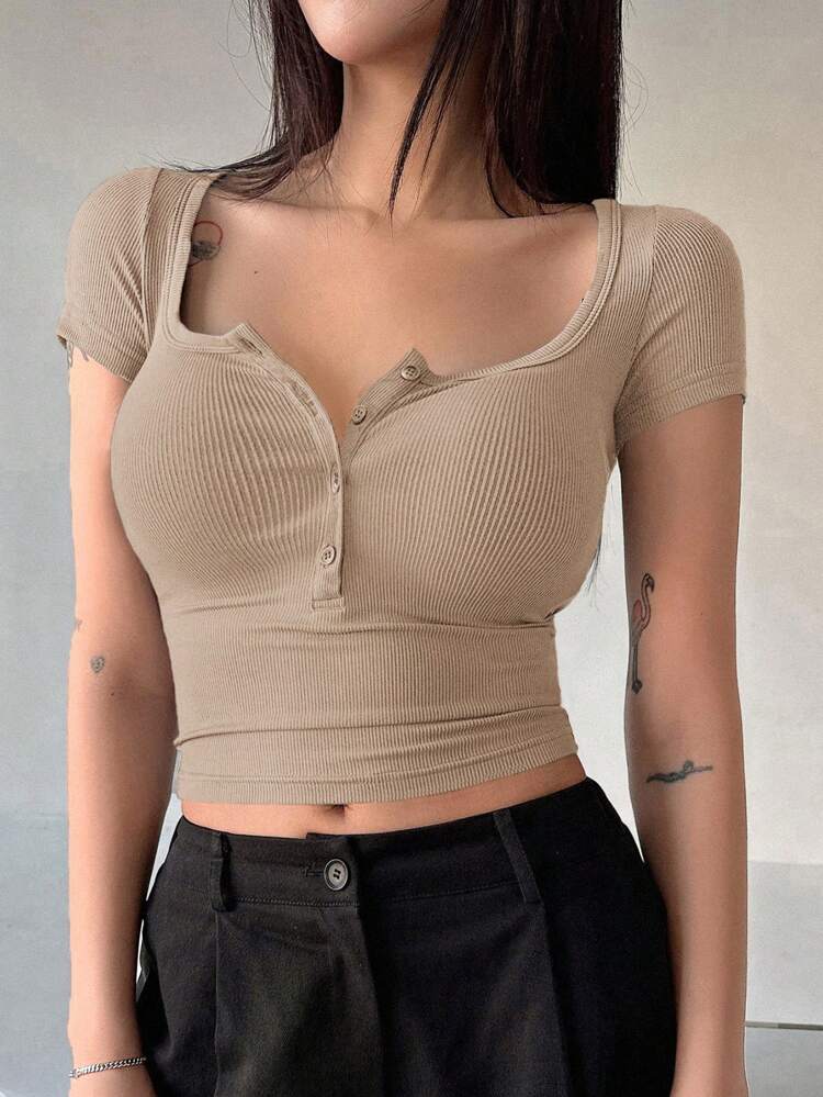 Women's Ribbed Knit T-Shirt With Half-Buttoned Front