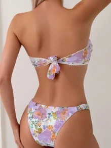 SHEIN Swim 夏季海滩女士两件套比基尼套装，花卉印花荷叶边，假日海滩泳装狂欢节 - 彩色 - 查看 2
