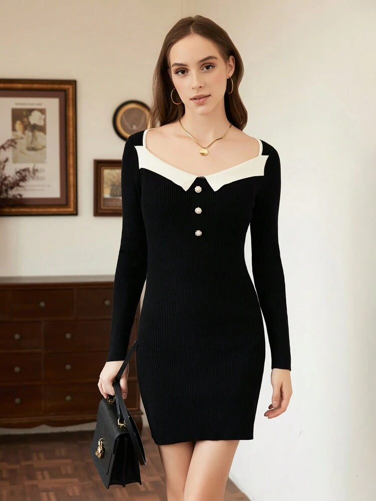 Colorblock Slim Fit Knitted Sweater Dress With Turn Down Collar Fall Cloth For Women