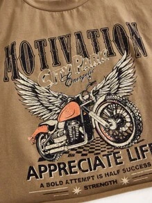 SHEIN EZwear 女式針織貼肩袖t恤,印有摩托車和翅膀圖案 - 棕色 - 查看 4