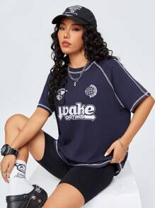 SHEIN Coolane Oversized T Shirt/Football Jersey/ Shirt - Navy Blue - View 1