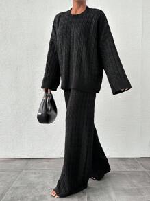 EURMUSE Cable Knit Drop Shoulder Sweater & Knit Pants - Black - View 3