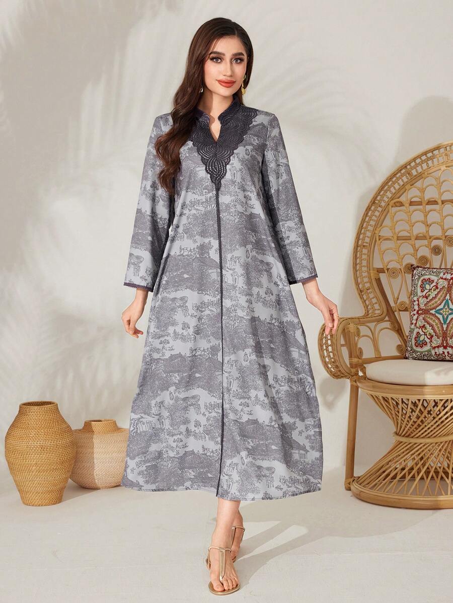 Al Najma Vestido De Encaje Soluble Holgado Con Parches - Gris - Ver 1