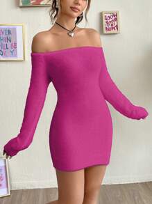 SHEIN Qutie Women's Open Shoulder Long Sleeve Sweater Dress - Hot Pink - View 3
