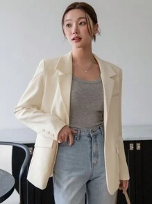 Áo khoác nữ phong cách công sở giản dị màu trơn dáng rộng tay dài dây rộng có túi cài ve áo, quần áo mùa thu - Màu be - Xem 10