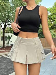 SHEIN EZwear 附無腰帶褶皺口袋實用款女裙 - 杏色 - 查看 3