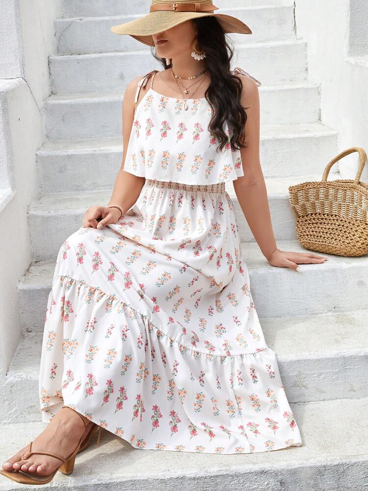 Plus Size Summer Holiday White Daisy Floral Print Strap Beach Dress