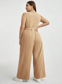 SHEIN Essnce 大尺碼女式拼接色露背無袖吊帶連體褲 - 卡其色 - 查看 2