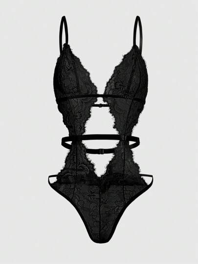 Goth Women's Eyelash Lace See-Through Bodysuit Lingerie, Baddie Look