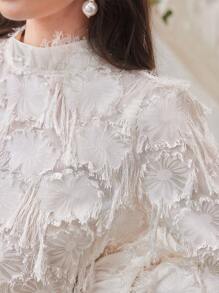 Modelyn Solid Color Cutout Embroidery Tassel Lantern Sleeve Shirt - Apricot - View 6