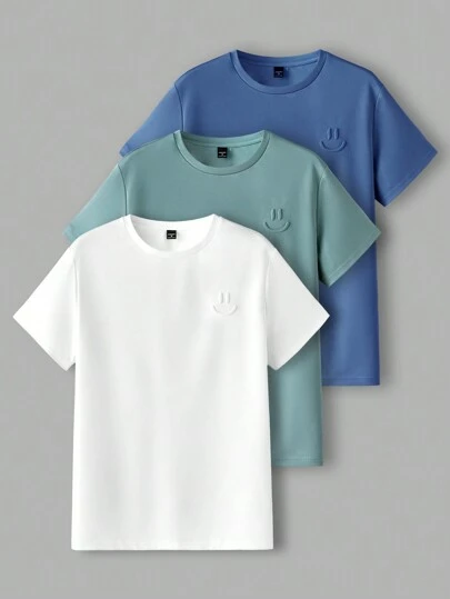 Manfinity Unisex 3pcs Pack Men Knitted Short Sleeve T-Shirt With Embossed Round Neckline, For Going Out, For Friends, Couple Things