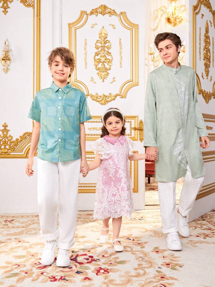 Young Girl Sibling Outfits Casual Contrast Color Lace Collar A-Line Flutter Sleeve Dress