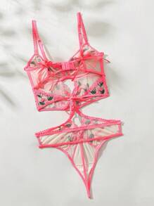 SHEIN Women's Sexy Floral Embroidered Front Lace-Up Bodysuit Lingerie