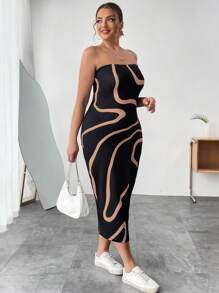 SHEIN Essnce Kích thước lớn Của phụ nữ In Váy kiểu Băng đô - Màu Khaki - Xem 5