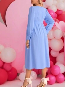 SHEIN Maternity V-Neckline Long Sleeve High Side Slit Hem Dress - Blue - View 2