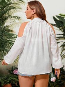 SHEIN Clasi Plus Size Women's Elegant Stand Collar Off Shoulder Jacquard Gauze Shirt With Floral Applique Fall Cloth For Women - White - View 2