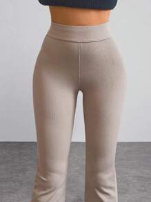 EURMUSE Solid High Waist Flare Leg Trousers - Apricot - View 3