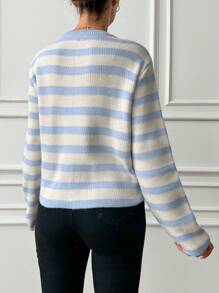 EURMUSE Vertical Striped Button Up Cardigan - Baby Blue - View 2