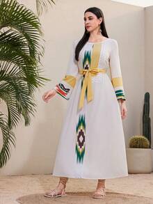 Al Najma 寬鬆休閒拼布印花洋裝 - 杏色 - 查看 4