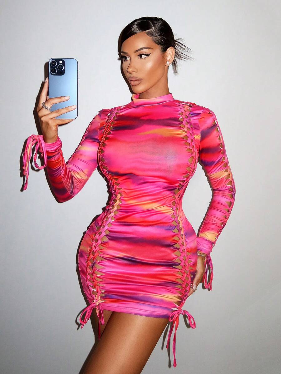 SHEIN SXY Ladies' Tie Dyeing Printed Hollow Out Cross Front Bodycon Dress With Straps - Multicolor - View 1