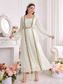 Al Najma Women's Bead Embellished Embroidery Square Neck Arabian Dress, Modest - Apricot - View 5