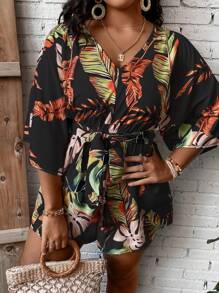 SHEIN Clasi Plus Tropical Print Belted Romper - Black - View 7
