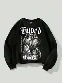Coolane 1pc Loose Round Neck Women's Plus Size Streetwear Sweatshirt With Slogan Graphic In Fall/Winter - Black - View 4