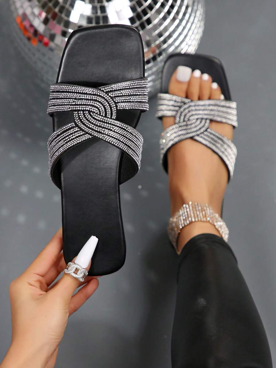 Mới Mùa hè/mùa thu Của phụ nữ Đen Dép đi trong nhà Đối với Ngoài trời Đồ đi biển Với Pha lê , Phong cách Pháp , Gót phẳng , Đế mềm - màu đen - Xem 1