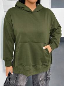 Flirla 加大尺寸女式連帽汗衫,分叉式下擺設計 - 軍綠色 - 查看 4