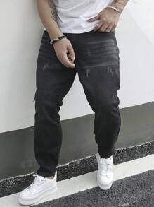 Manfinity Homme Men's Plus Size Cat Whiskers Design Slim Fit Jeans Long Ripped Frayed Jean Cargo Plain Black Work Casual Going Out Hang Out College Street Work - Black - View 6