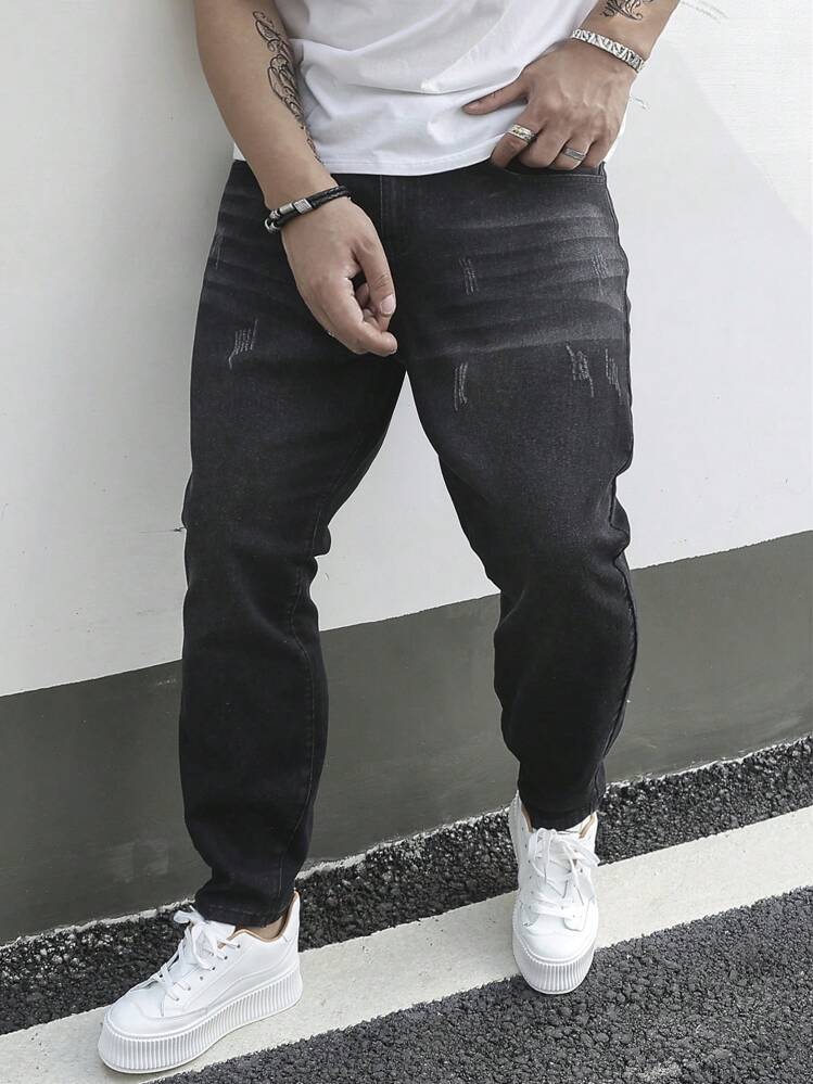 Manfinity Homme Men's Plus Size Cat Whiskers Design Slim Fit Jeans Long Ripped Frayed Jean Cargo Plain Black Work Casual Going Out Hang Out College Street Work - Black - View 6