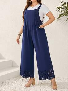 EMERY ROSE 大尺碼女士夏季可調肩帶背帶連體褲,藍色空心跳線連身褲,雙口袋設計 - 藍色 - 查看 6