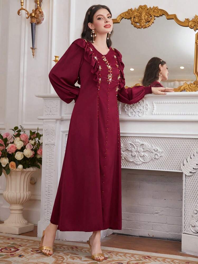 Burgundy Red Diamond Decorated Lantern Sleeve Dress With Ruffle Hem