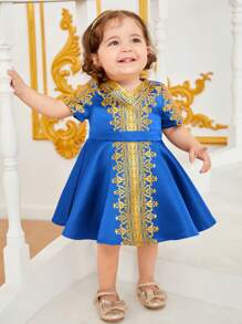 SHEIN 嬰兒女寶貝優雅印花派對連衣裙 - 藍色 - 查看 5