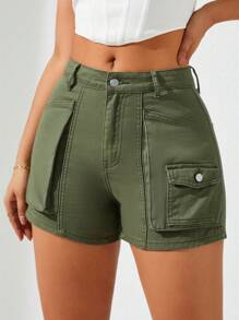 SHEIN Privé Green Cargo Denim Shorts - Army Green - View 1