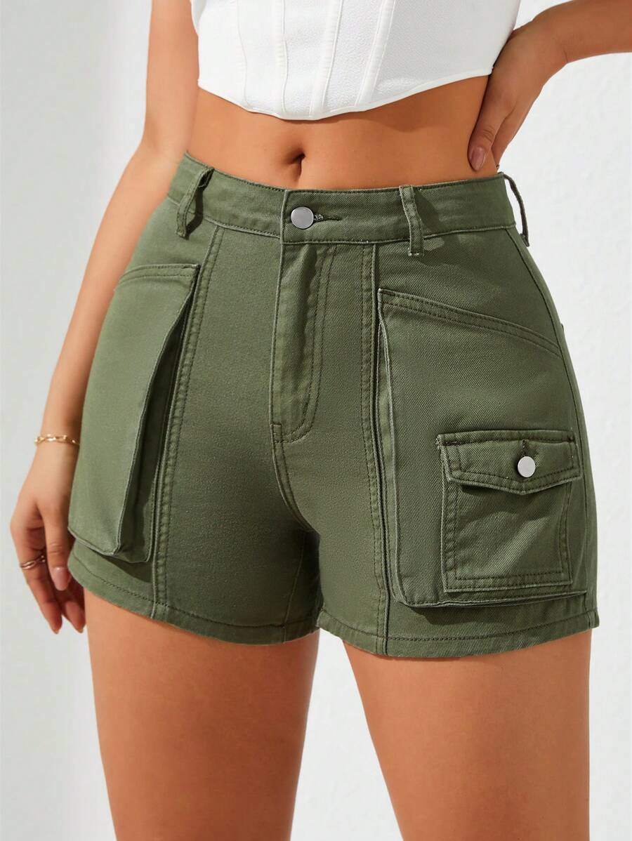 SHEIN Privé Green Cargo Denim Shorts - Army Green - View 1