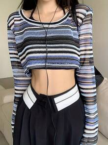 Nuova Arrivo Maglione A Maglia A Collo Alto Da Donna, Stile Y2k Sexy E Casual, Maniche A Sbuffo Con Design Forato E A Blocchi Di Colore, Casual Con Righe Casuali E Taglio Corto - Multicolore - Visualizzare 7