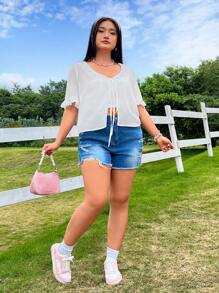 SHEIN Qutie Kích thước lớn Màu thuần Thêu Trang trí ren mỏng Ngắn Áo sơ mi - trắng - Xem 4