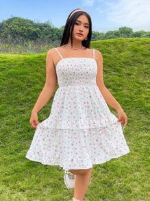 SHEIN Qutie Plus Size Women's Spring Floral Print Ruffled Cami Umbrella Dress - Multicolor - View 4