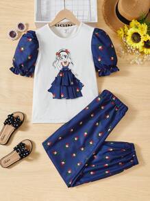 SHEIN Leap Crew Tween Girls' Loose Fit Floral Printed Splicing T-Shirt And Pants Set With Cartoon Girl Pattern - Blue - View 1