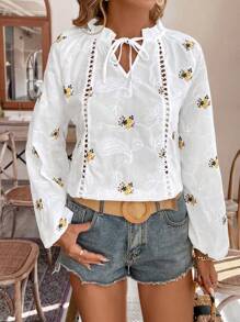 SHEIN Frenchy 假期夏季花卉刺繡氣球袖襯衫 - 白色 - 查看 5