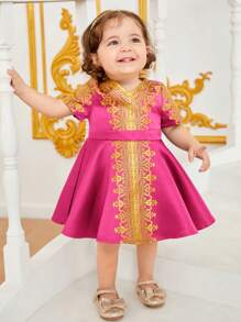 SHEIN 嬰兒女寶貝優雅印花禮服裙，適用於正式場合 - 玫紅色 - 查看 3