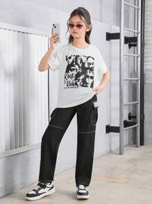 SHEIN Jardineira Fofa Para Meninas Tween Com Bolso, Cintura Média, Calça Reta Com Costura De Cor Contrastante - Preto - Ver 1