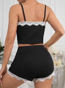 Women's Bow Knot Decorated Lace Trimmed Vest Top And Shorts Pajama Set